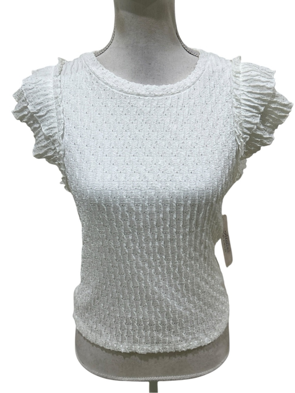 NWT Atelier by Kirious White Textured Knit stretchy Top Ruffle Cap Sleeves large
